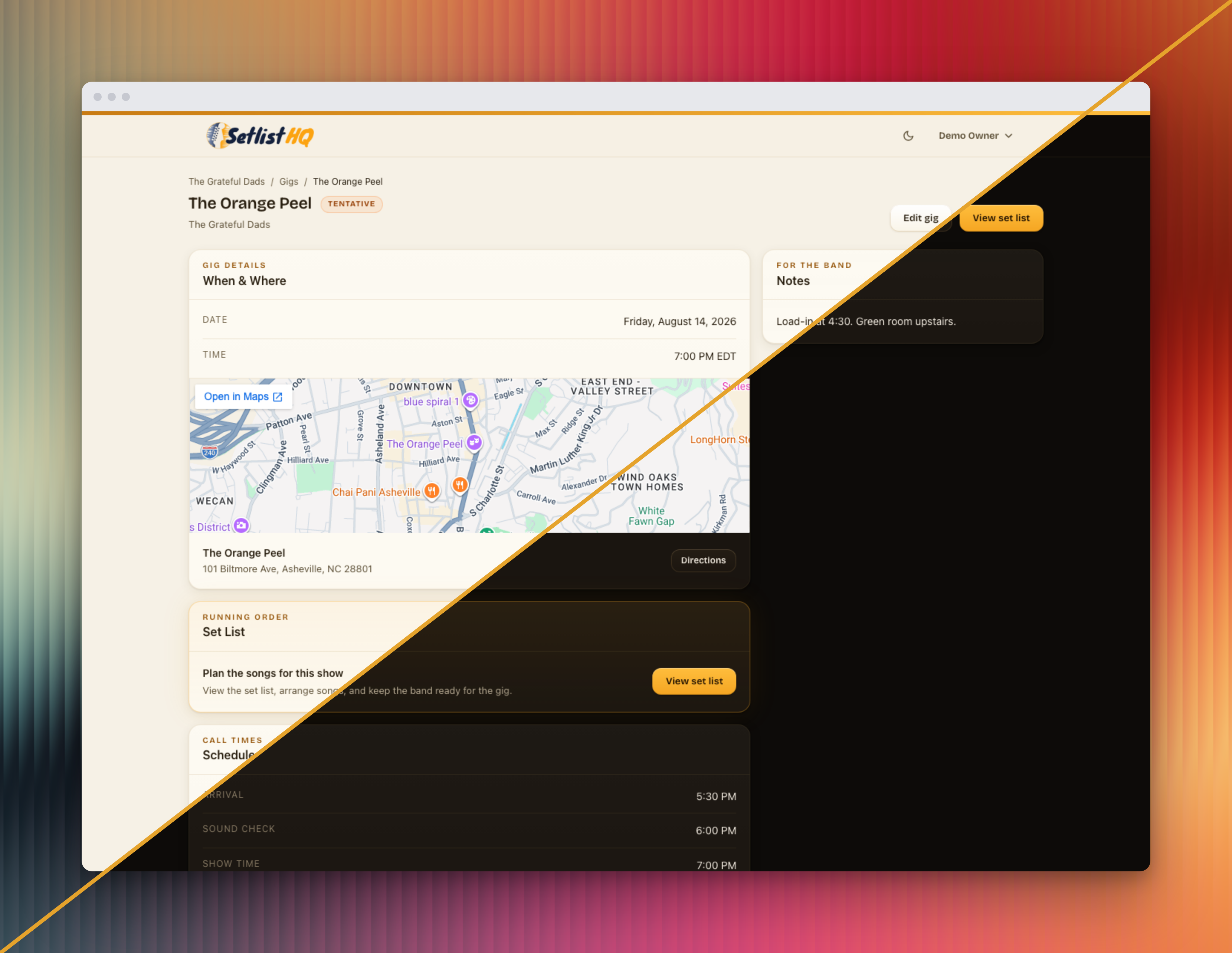A Setlist HQ gig detail page for The Orange Peel, showing the venue map, schedule, status, notes, and setlist.