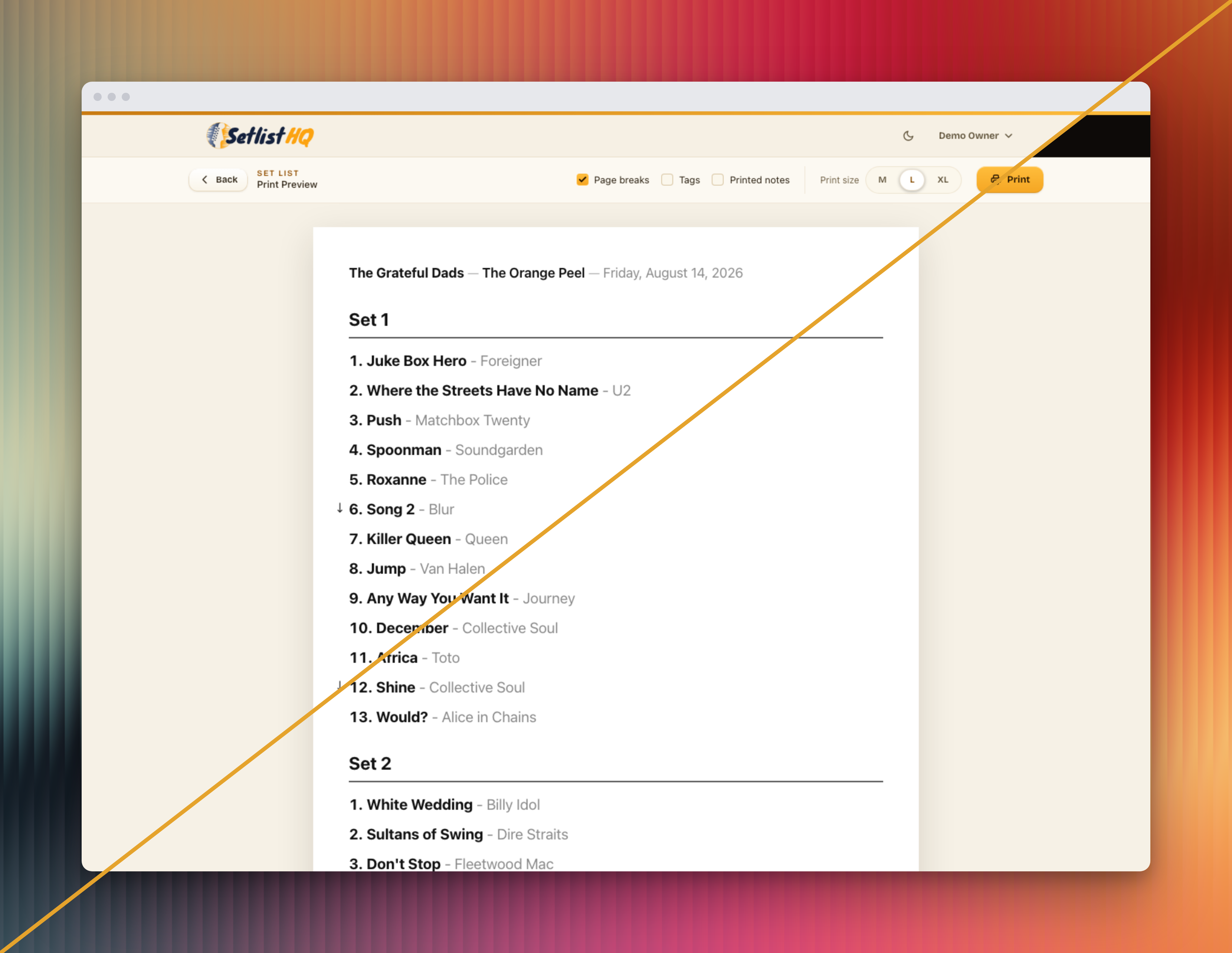 A print preview of a stage-ready setlist with numbered songs and artists.