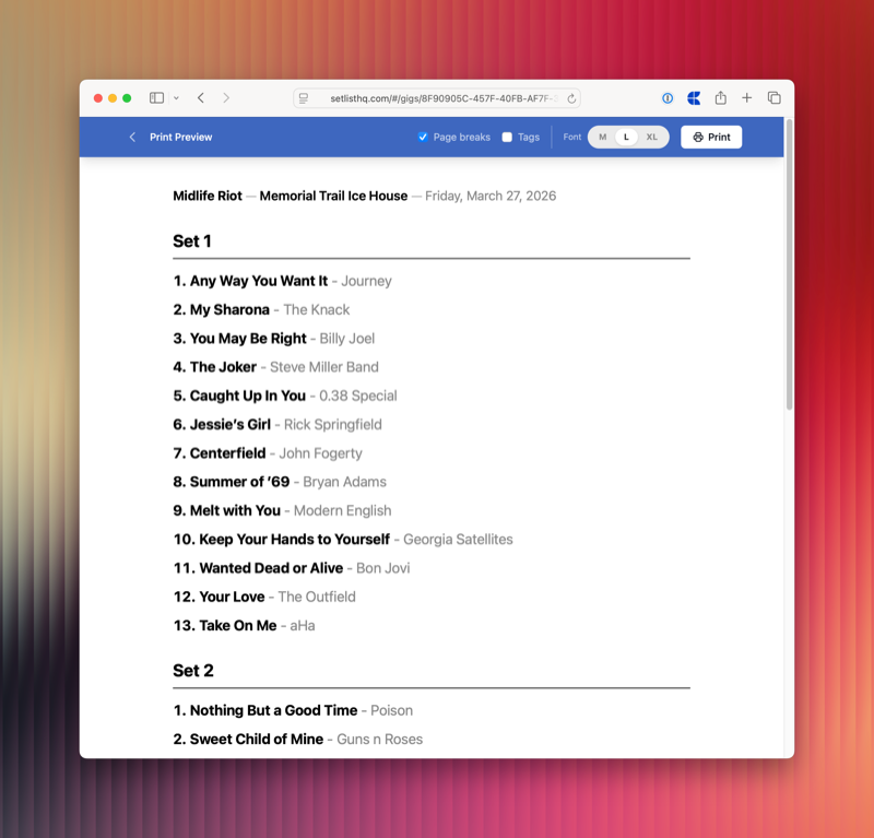 Printable Setlist Screenshot