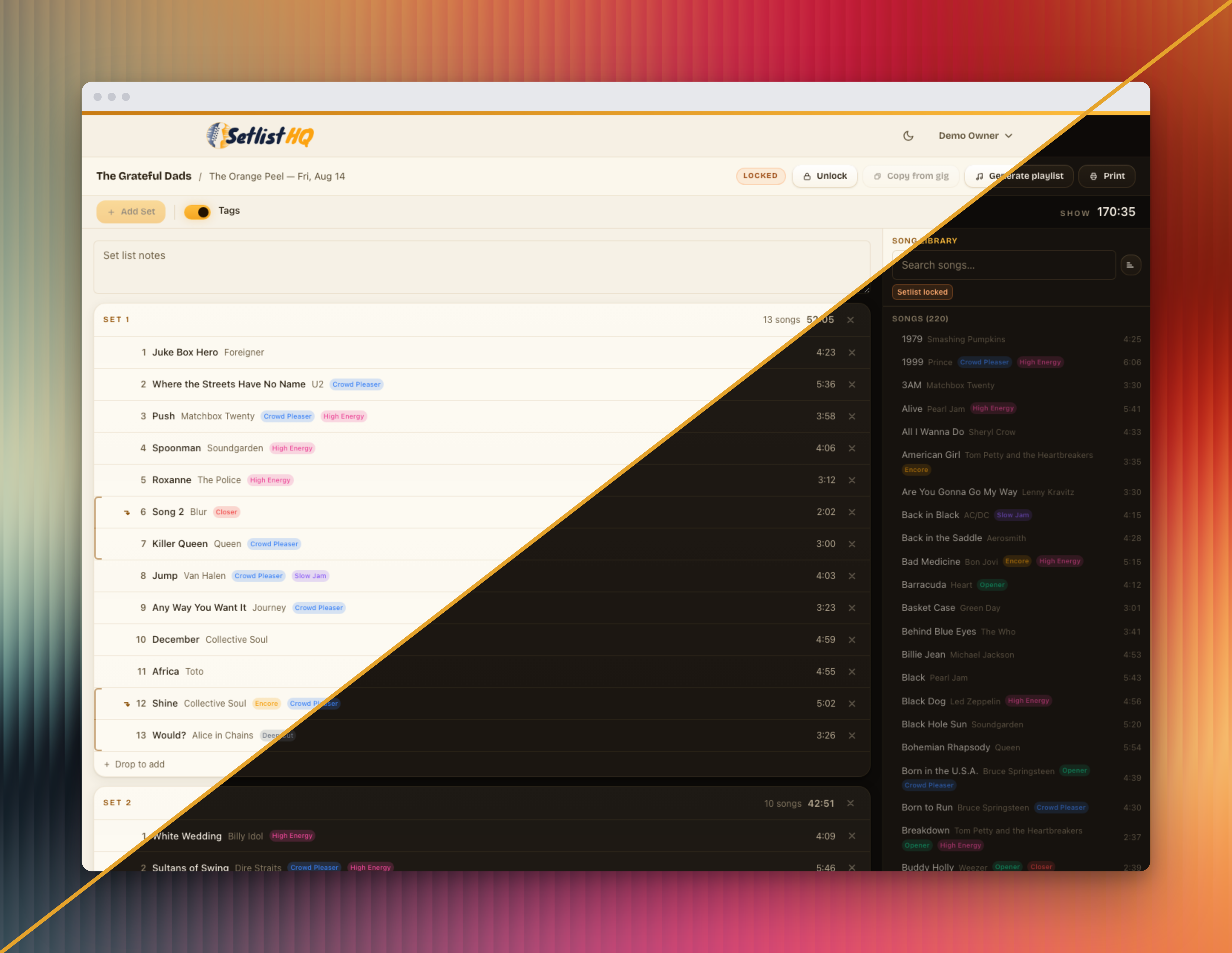 The Setlist HQ editor showing two sets for a gig, with drag-and-drop songs, set timings, and a searchable song library alongside.