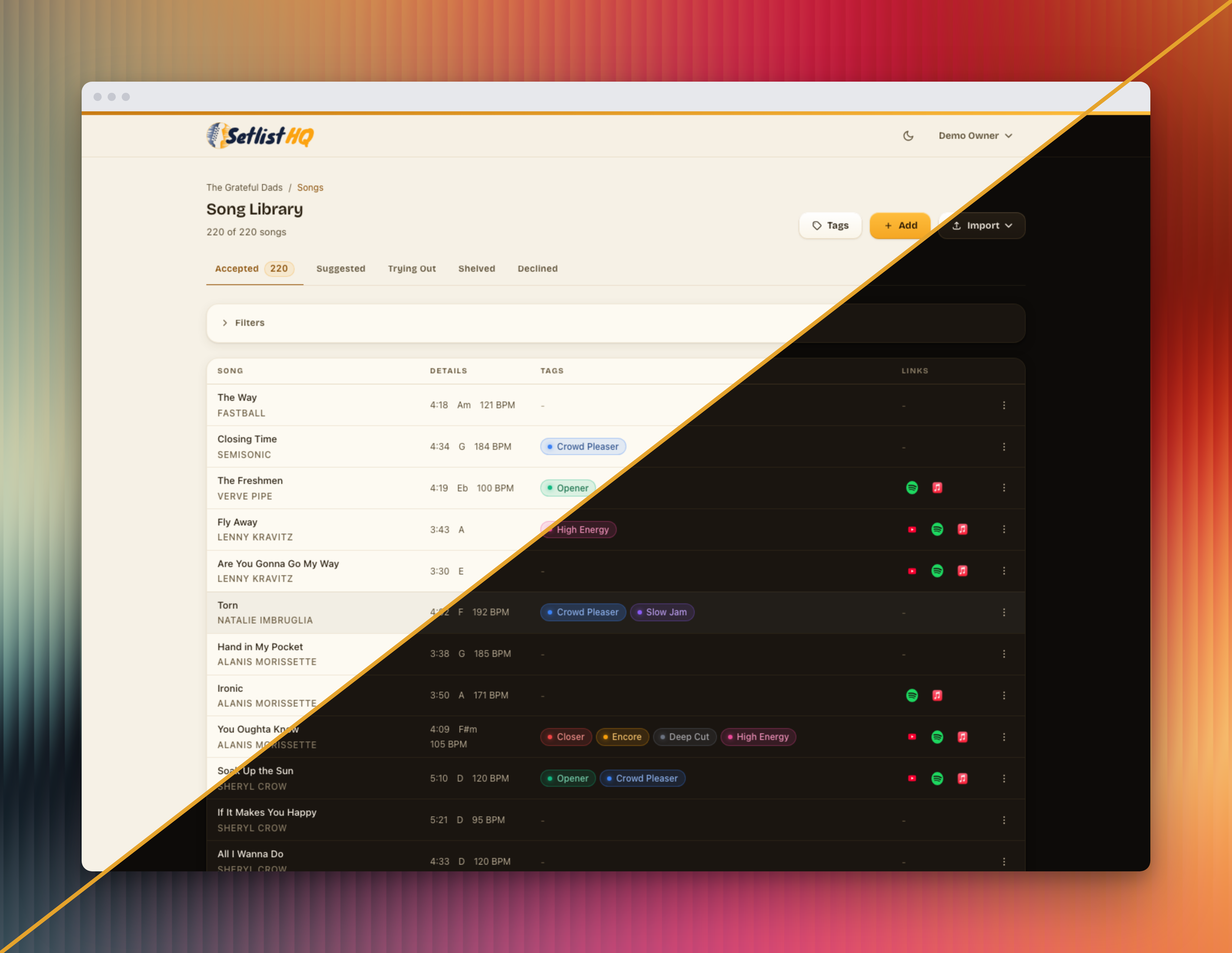 The Setlist HQ song library, listing songs with artist, length, key, BPM, and tags.
